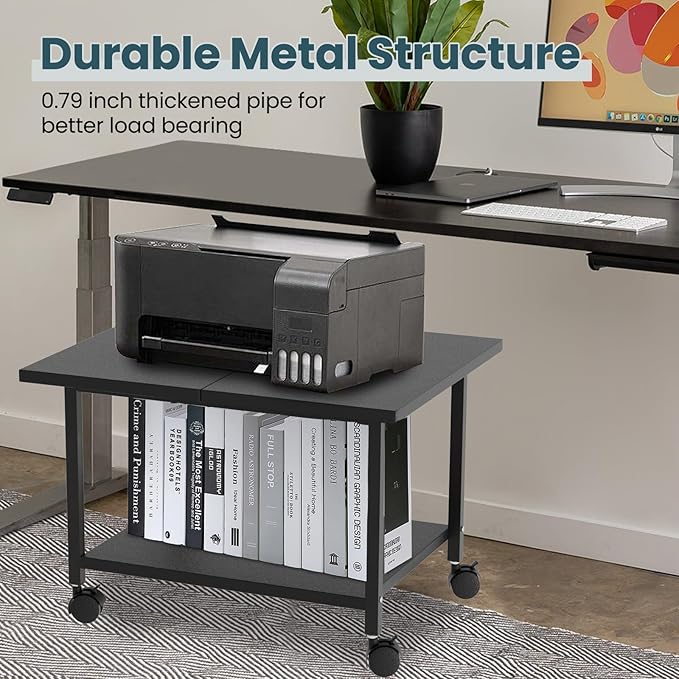 Printer Stand with Storage Under Desk Shelf, Desktop Printer Stand Organizer, Rolling Printer Cart Storage Paper Files Holder for Desk, Office, Home, (Black)