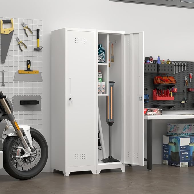 Slim Broom Storage Cabinets, Metal Cabinet with Shelves and Hanging Rod, 65" Utility Storage Cabinet with Locking Door, Tall Cleaning Cabinets for Kitchen, Pantry, Office, Shop, Garage
