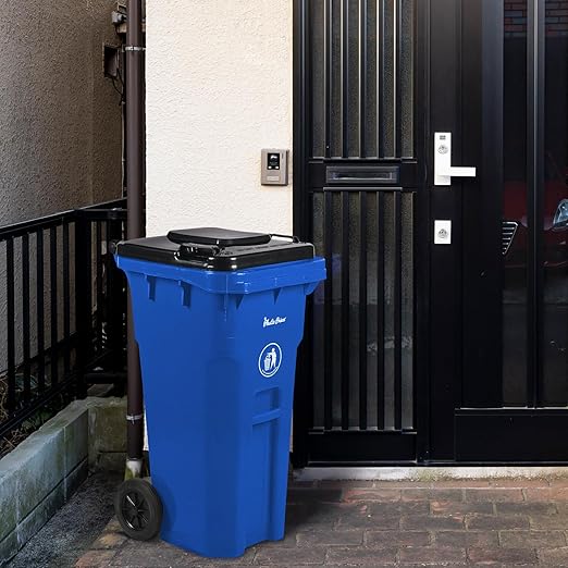 32 Gallon Trash Can Outdoor Recycling Bin with Lid and Wheels Heavy Duty Rolling Garbage Can with Lid Blue Recycle Bin with Wheels for Warehouses Hospitals Restaurants Offices