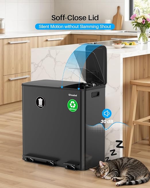 Dual Trash and Recycling Bins for Kitchen, 13.2 + 5.2 Gal (50+20L) Stainless Steel Trash and Recycle Bin Combo with Soft-Close Lid, Large Garbage Cans for Kitchen Home with 2 Magnets Sticker, Black