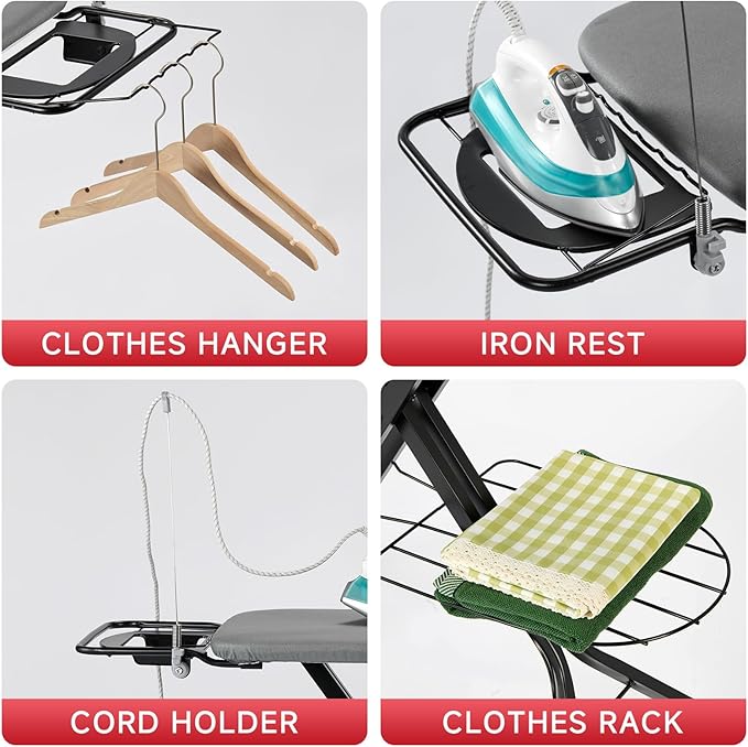 Extra Wide Full Size Ironing Board 57" L X18 W, Multifunctional Sturdy Ironing Board with Iron Rest, Foldable Adjustable Iron Board with Heat Resistant Cover, Enhanced Stability, Black Grey.
