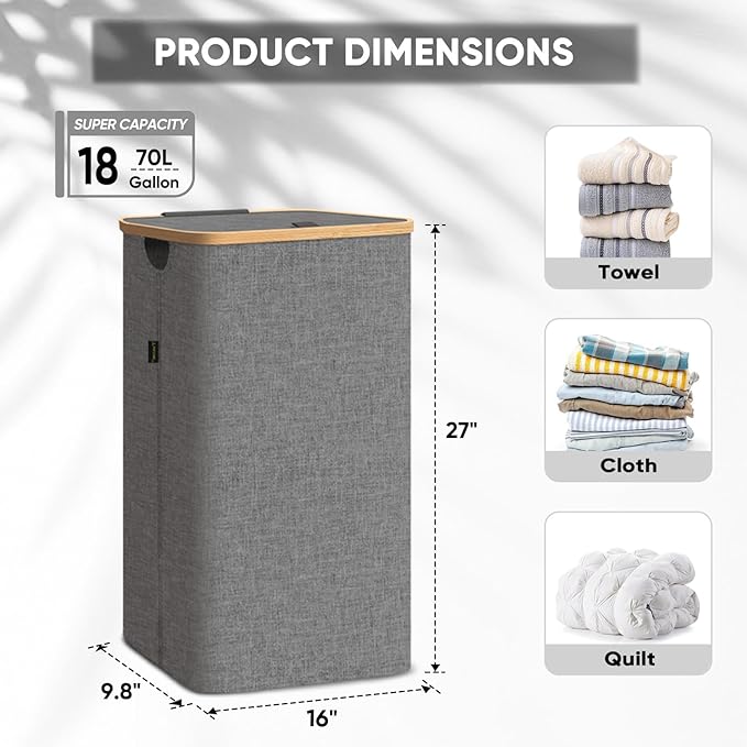 BALEINE Laundry Hamper with Lid, Tall Laundry Baskets with Bamboo Pull Handles, Large Laundry Bin with Internal Support (18 Gal/70L, Black)