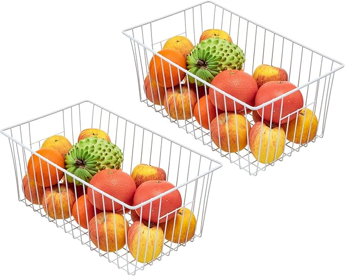 Wire Storage Baskets, Upright Freezer Organizer Bins - 3 Pack Freezer Baskets, Pantry Baskets For Kitchen Cabinets, Pantry, Closets, Bathroom, Office, White