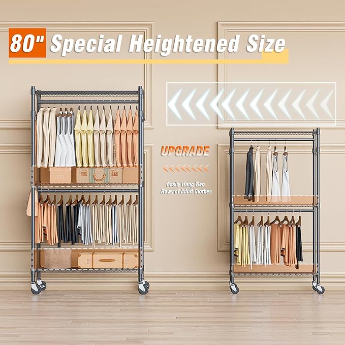 Homdox Garment Rack Heavy Duty, 3 Tier Rolling Clothing Racks for Hanging Clothes, Metal Wardrobe Closet, Free-Standing Clothes Organizer Rack with Double Rods & Side hooks, Gray