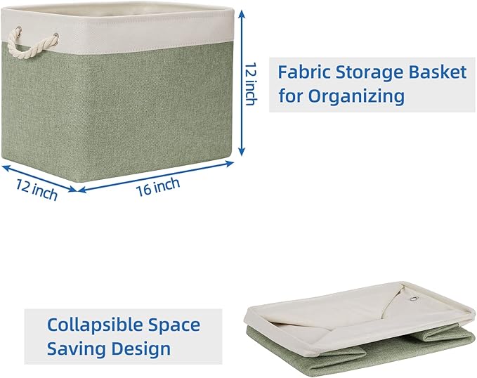Temary Storage Baskets Fabric Storage Bins for Shelves, 2 Pack Decorative Storage Boxes Canvas Storage Basket with Handles for Organizing Clothes, Books(White&Green,16Lx12Wx12H Inches)