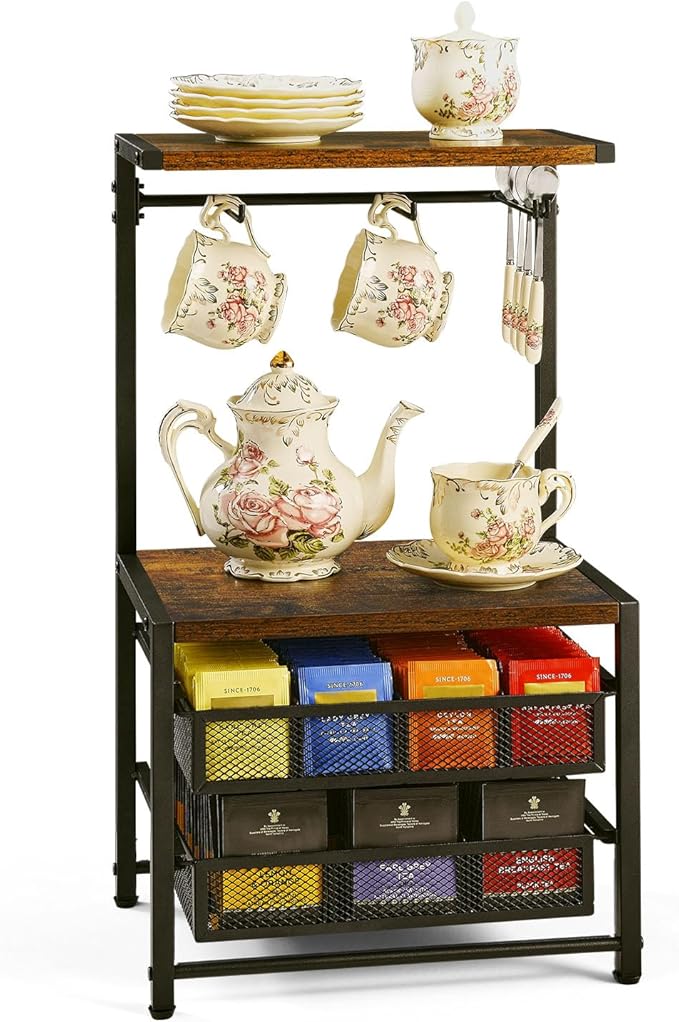 Pinzoveco Tea Bag Organizer, Large Tea Organizers and Storage Box,2 Drawers Tea Bags Holder Wood Tea Box Containers Tea Station Chest Display for Kitchen Organizers and Storage, Black