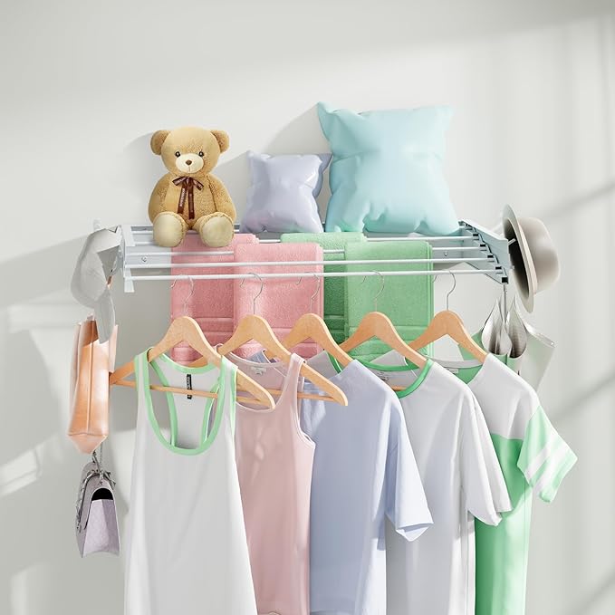 Wall Mounted Drying Rack 31.5", Foldable Clothes Drying Rack with 6 Towel Hooks and 5 Rods for Hanging Clothes, Space Saving Laundry Rack for Indoor Outdoor Bathroom Balcony Laundry Room(31.5")