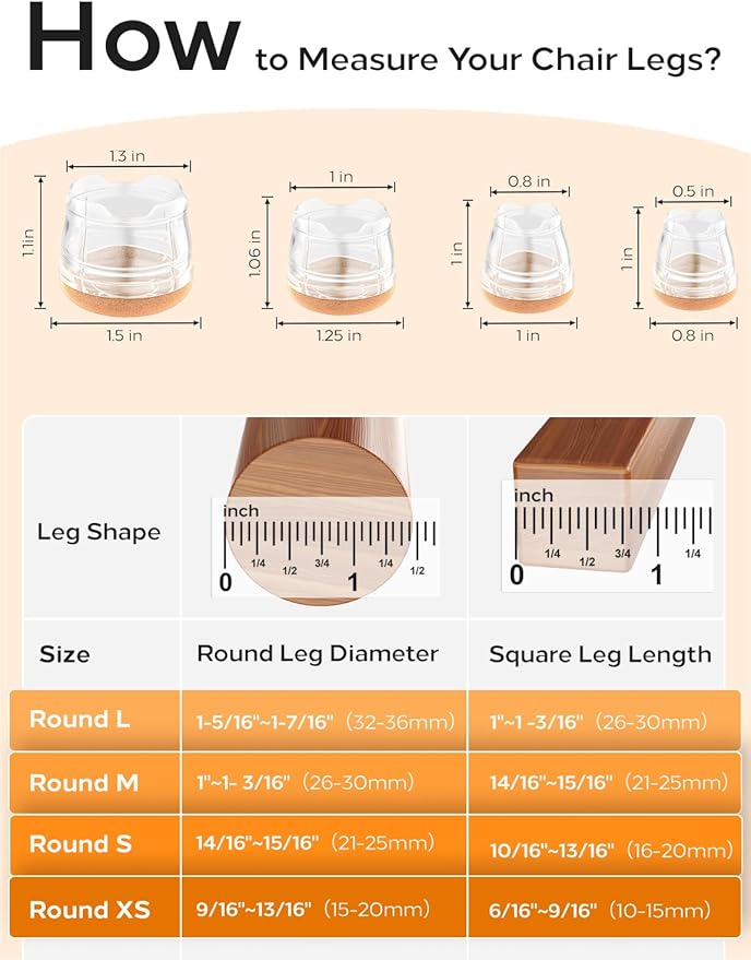 Upgrade 24 PCS Silicone & Felt Chair Leg Floor Protectors for Hardwood Floors - Furniture Pads, Chair Leg Covers/Cups - No Noise & Scratch-Proof - Round M (Fits 1"-1 3/16" / 26-30mm), Clear