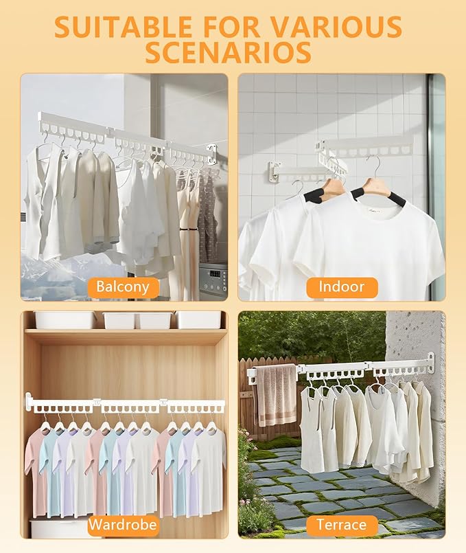 Clothes Drying Rack - Laundry Space Saver Wall Mounted, Retractable, Collapsible(Tri-Fold), White Color Rack Clothing (with Screws)