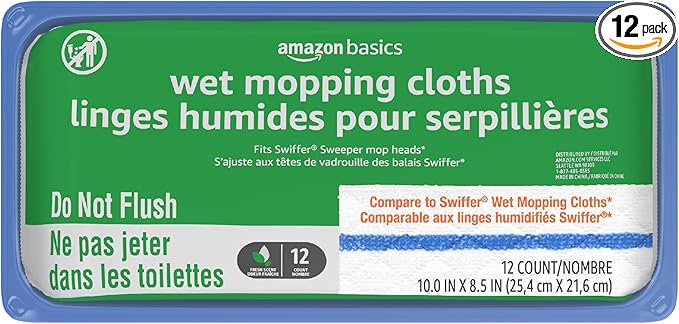Amazon Basics Wet Mopping Cloth Refills, 12 Count (Fits Swiffer Sweeper Mop Heads)