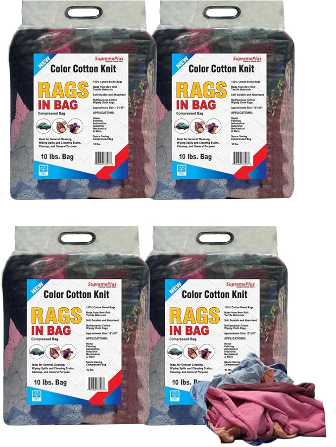 Premium Color Knit Cleaning Rags (10 lb. Bag - Pack of 4) – Shop Rags Bulk for Workshops, Mechanics, Painters, and Home Use, Multipurpose Cotton T-Shirt Rags