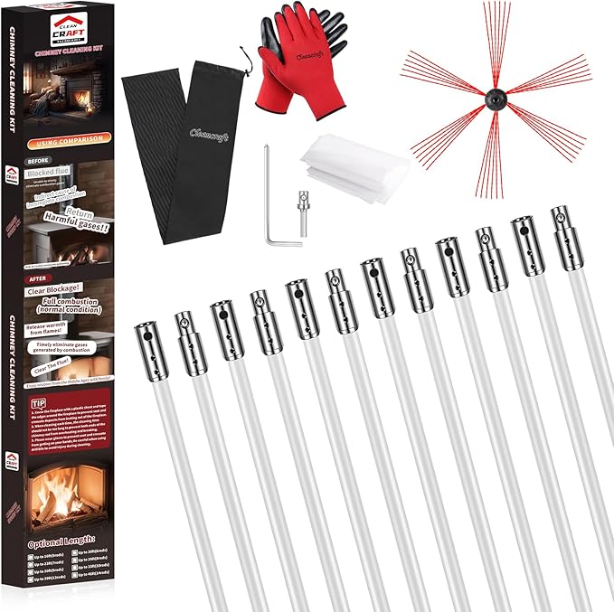 39 Feet Chimney Sweep Kit, Chimney Cleaning Kit with 12 Flexible White Chimney Rods, Chimney Brush for Sweeping Fireplace, Rotary Chimney Cleaning System Driven by Drill