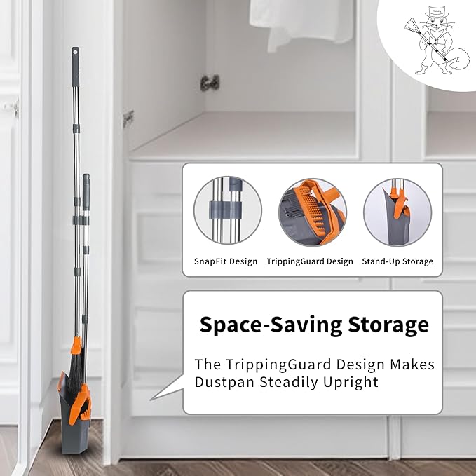 Broom and Dustpan Set with 51'' Long Handle, Upright Broom and Dustpan Combo for Home Kitchen Office Restaurant Garage Lobby Dog Cat Pets Hair - Grey and Orange