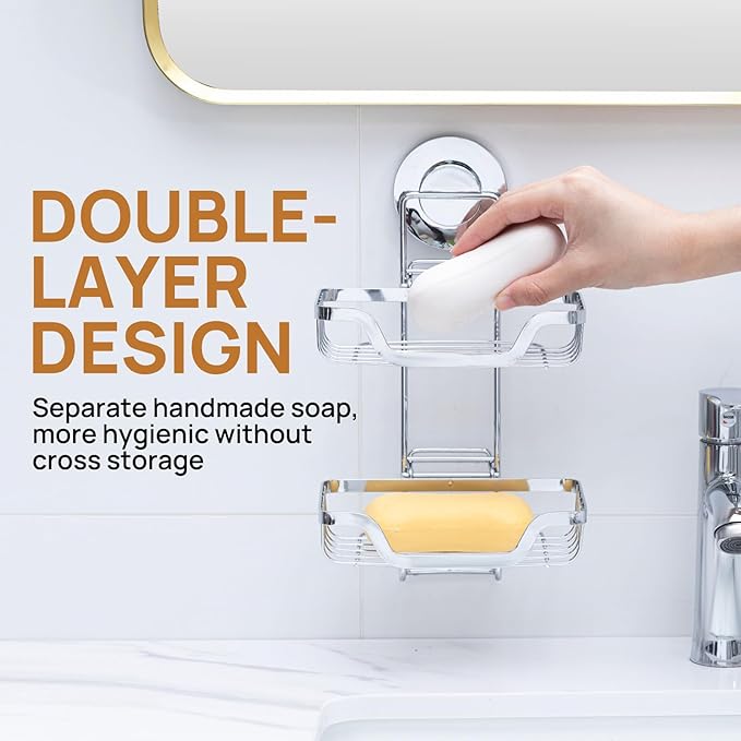 LEVERLOC 2 Tier Soap Holder, Soap Bar Dish for Shower Wall Mounted, Stainless Steel Suction Cup Sponge Holder for Bathroom Bathtub Kitchen Sink, Waterproof, Removable, Keep Dry, Silver