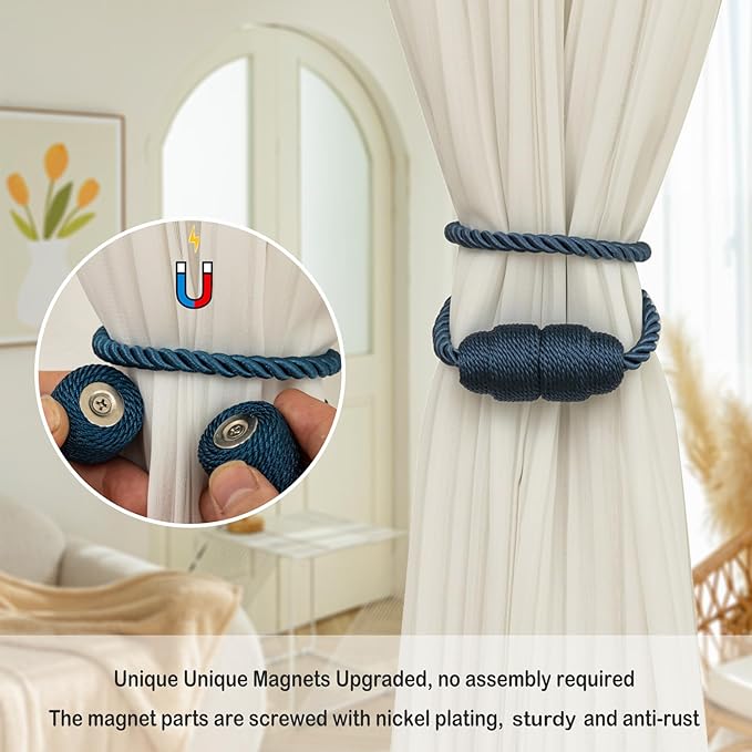 Magnetic Curtain Tiebacks Rope Curtain Tie Backs for Curtains 8 Pack Curtain Holders for Drapes Decorative Window Curtain Holdbacks, Blue