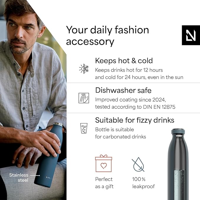 LARS NYSØM Stainless Steel Insulated Water Bottle 12oz 17oz 25oz 34oz 51oz | Insulated Thermo Flask for Hot and Cold Beverages | Leakproof Drinking Bottle (Stone Blue, 17oz)