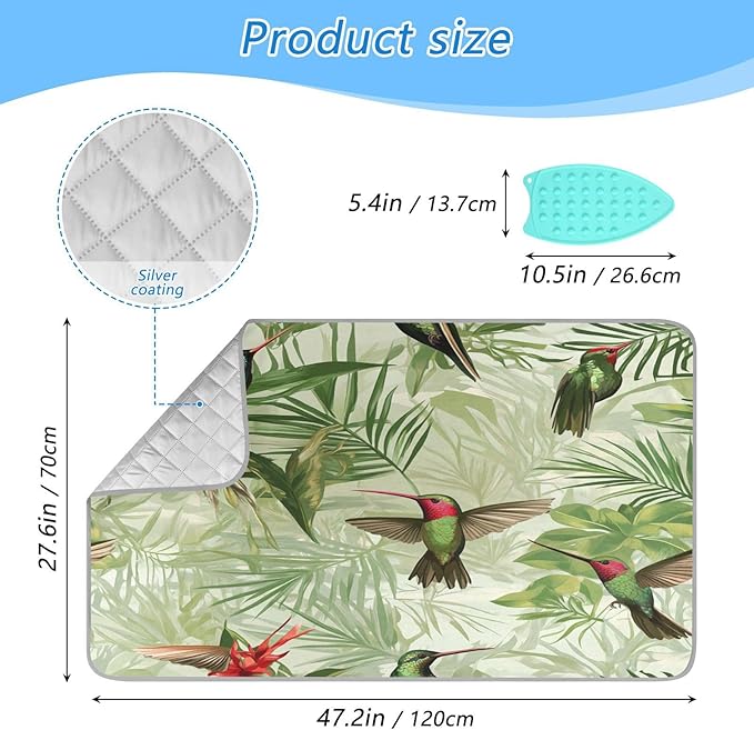 Green Anna Hummingbird and Palm Leaves Ironing Mat Thickened Ironing Blanket Travel Portable Double-Side Using Ironing Pad Travel Isolate Heat Pad Cover for Washer Dryer Table Top Countertop 27