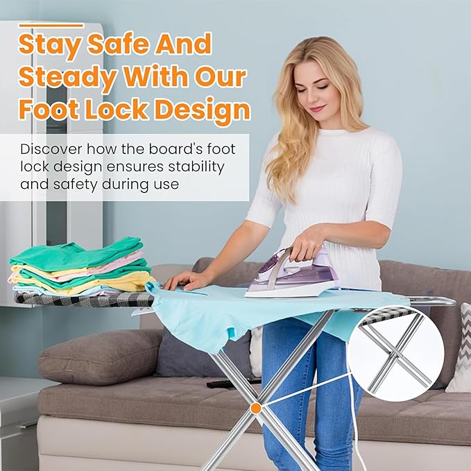 Ironing Board 13" X 43" W/Extra Thick Heavy Duty Padded Cover, Height Adjustable,Heat & Scorch Resistant Fabric, Anti-Skid Feet, Extra Wide, Easy to Fold Checkered Gray