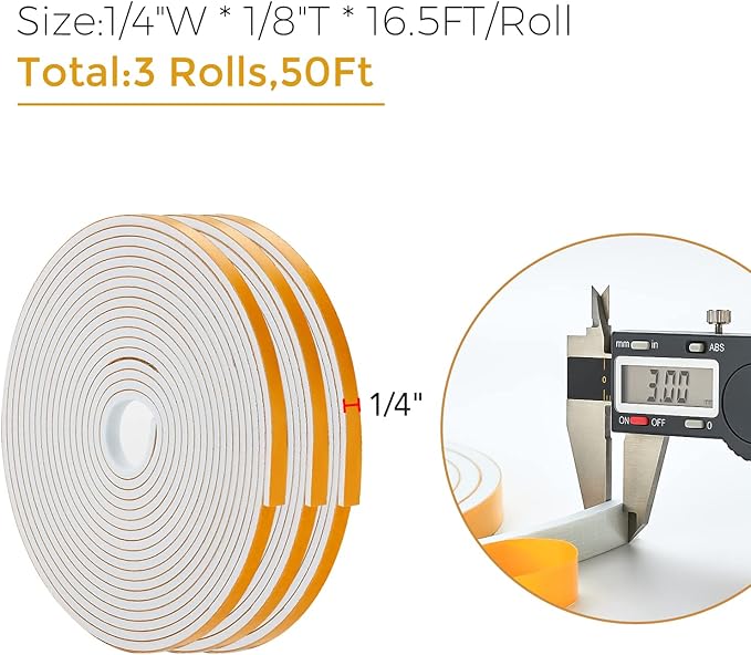 50 Feet Weather Stripping Door Seal, 1/4" Wide X 1/8" Thick Door Seal Strip High Density Foam Tape Adhesive Strip for Door Soundproofing,Window Insulation (1/4" x 1/8" x 50FT,White)