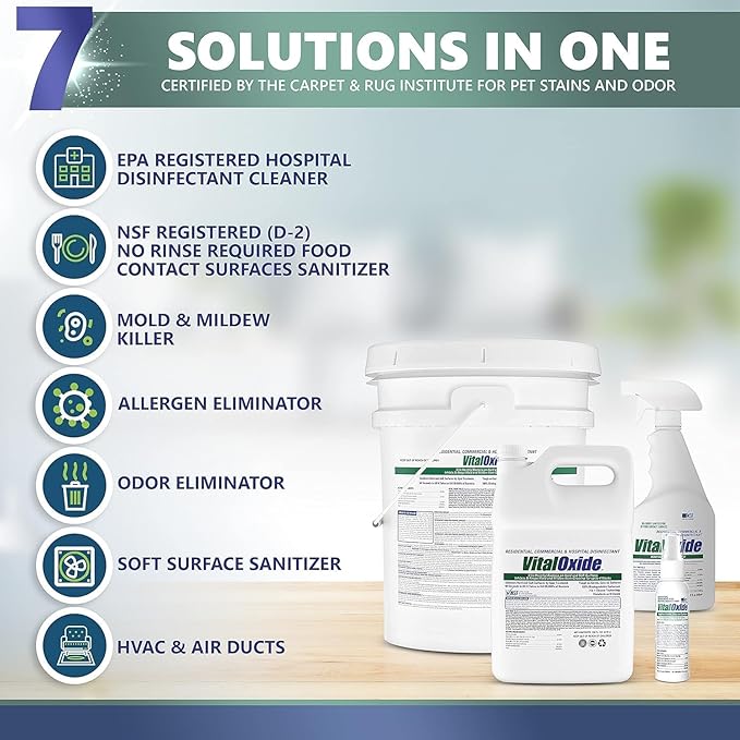 Vital Oxide Disinfectant, Deodorizer, Cleaner, Food-Contact Sanitizer, Virucide – (EPA registration #82972-1) – Kills Mold & Mildew, Eliminates Odors – 1 Gallon + 32oz Spray Bottle