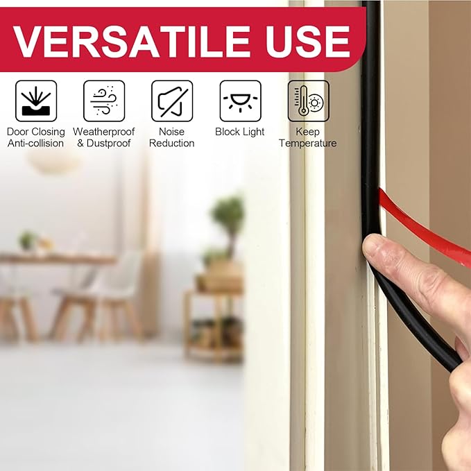 【New Upgrade】 Silicone Door Weather Stripping Door Seal Strip, 19.7 Feet Self-Adhesive D-Shape Door Insulation Strip for Door Frame& Window