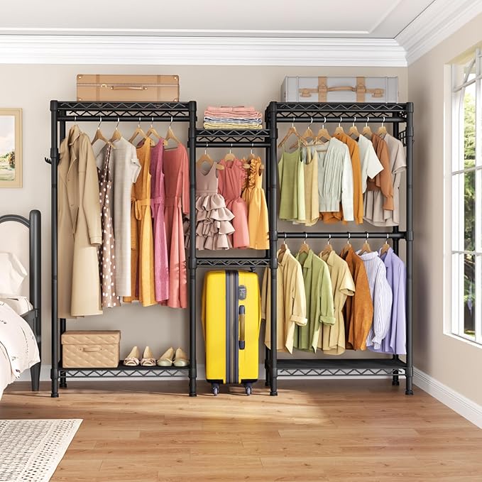 Heavy Duty Garment Rack Large Clothes Rack,Freestanding Closet Portable Clothing Rack with 7 Adjustable Wire Shelves&4 Hang Rods&2 Hooks,Metal Closet Storage Organizer Wardrobe System,MaxLoad 1000lbs