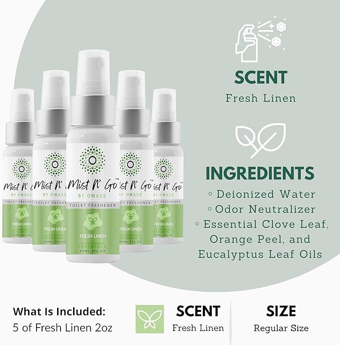 Mist N' Go Travel Toilet Spray - Odor Eliminator & Air Freshener (Fresh Linen) - 2oz x5