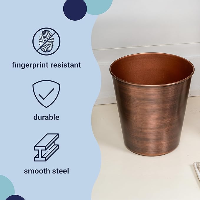 happimess HPM1113B Nolan Modern Classic Smooth Steel 2-Gallon Wastebasket for Home, Bathroom, Living Room, Office, Bedroom, Kitchen, Matte Antique Copper
