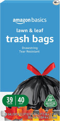 Amazon Basics 39 Gallon Lawn & Leaf Heavy Duty Drawstring Trash Bags, 20% Post Consumer Recycled, 40 Count