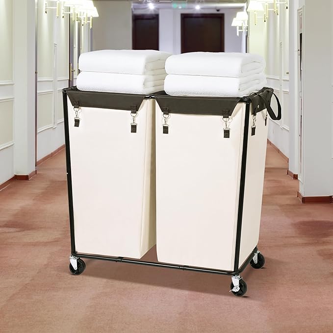STORAGE MANIAC Commercial Laundry Hamper with Heavy Duty Steel Frame, 74 Gal. Industrial Laundry Basket Cart with Wheels for Hotel, Home, Laundry Room, Big Large Clothes Sorter, 2 Section Beige