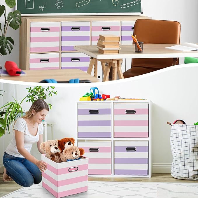 6 Pcs Fabric Storage Cubes with Metal Handle Back to School Classroom Supplies 11 Inch Macaron Colored Striped Style Collapsible Bins Organizer for School Nursery(Purple, Pink)