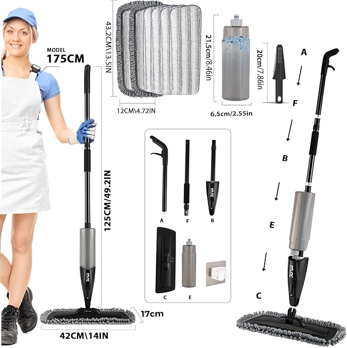 Microfiber Spray Mop for Floors Dry and Wet Mop with Dusting 360 Rotation for Kitchen, Hardwood, Laminate, Tile Floors Includes 6 Refill Heads, Scraper, Holder & Spray Bottle