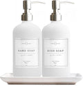Vine Creations Glass Soap Dispenser, 2 Pack Kitchen Soap Dispenser Set with Ceramic Tray, Stainless Steel Pump, Dish Soap and Hand Soap Dispensers for Bathroom or Kitchen Decor with Waterproof Labels