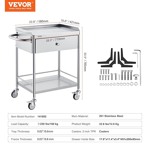 VEVOR Medical Cart, 2-Layer Stainless Steel Cart 220 lbs Weight Capacity, Lab Utility Cart with 360° Silent Wheels and a Drawer for Lab, Clinic, Kitchen, Salon, 141002