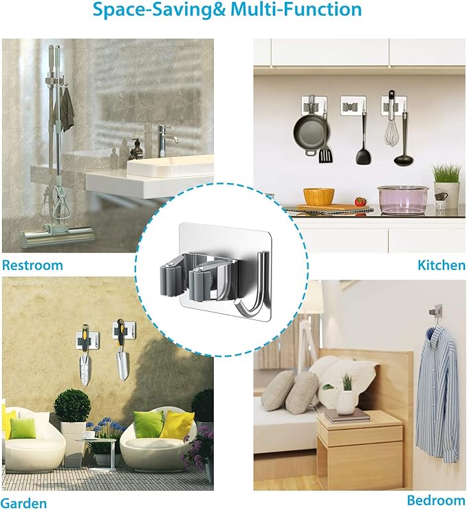Mop Broom Holder No Drill, Mop Broom Organizer Wall Mounted Heavy Duty with Hooks Hanger, Self Adhesive Stainless Steel 6Pcs for Bathroom, Kitchen, Office (Silver)
