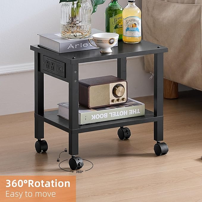 Lerliuo Under Desk Printer Stand with Charging Station, 2 Tier Wooden Small Printer Table with Storage, Rolling Printer Cart Shelf with Lockable Wheels for Home, Office (Black)