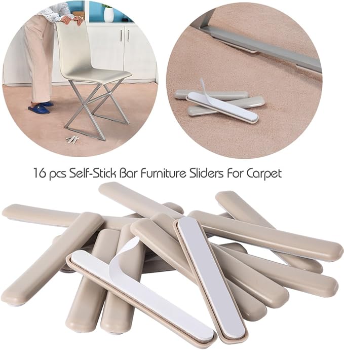Ezprotekt 16 Pack Self-Stick Furniture Movers Sliders Strip for Carpet, 1/2 x 4 inch Rectangular Furniture Moving Pads, Self Adhesive Strip Sliders Gliders for Chair Table Desk Sofa Couch (Beige)