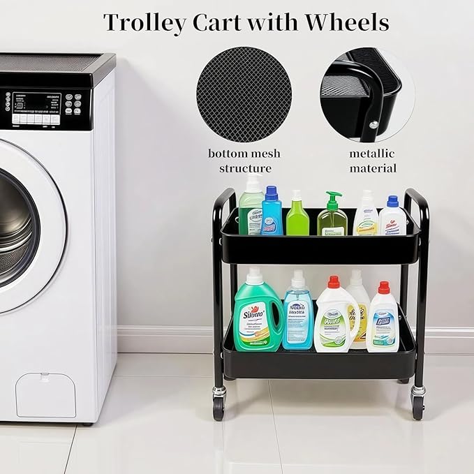 2 Tier Rolling Cart with Wheels for Under Desk Storage & Pantry Storage, Large Capacity Laundry Room & Makeup Organizer, Sturdy Kitchen Utility Cart for Small Space with 4 Hooks, Black