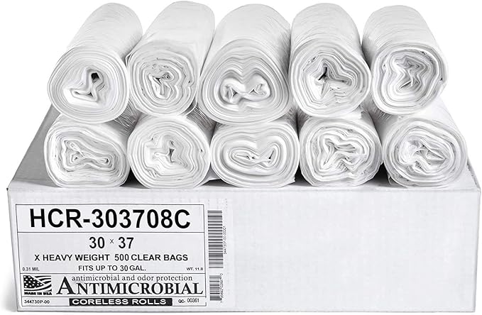 Aluf Plastics HCR-303708C High Density Star Sealed Coreless Roll Bags, 30 gal, Polyethylene, 30" x 37", Clear (1 Pallet of 100 Packs, 50000 Count Total)
