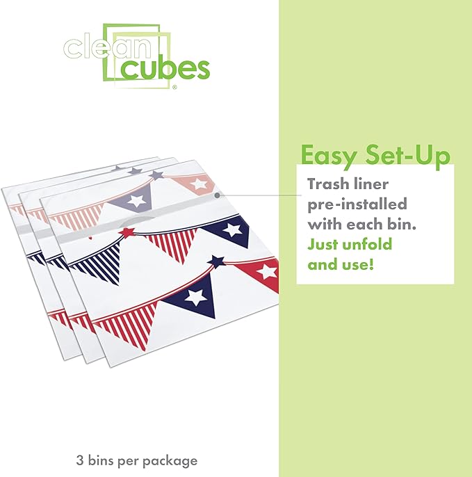 13 Gallon Disposable Pop-Up Trash Cans (3-Pack) with Fitted Bags – Foldable Garbage & Recycling Bins for Parties, Events & Kitchen (USA Flag, 17" H x 13.5" W x 10" D)