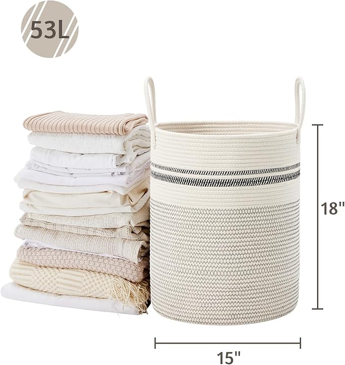 VIPOSCO Large Laundry Hamper, Tall Woven Rope Storage Basket for Blanket, Toys, Dirty Clothes in Living Room, Bathroom, Bedroom - 53L Stripe White