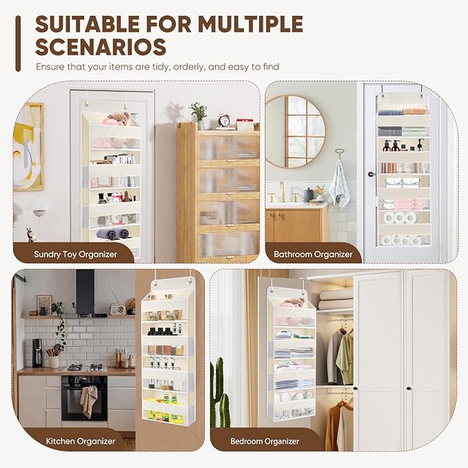 QINGUANG Over The Door Organizer,Hanging Organization and Storage, Behind Door Organizer with Side Pockets, 35 lbs Capacity,Anti Tilt, for Nursery, Bathroom, Bedroom,Dorm 4-Shelf Beige
