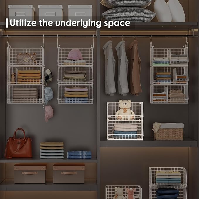 5 Tier Extra Large Closet Hanging Shelves with Divider,2 Pair Hook,16.5"L x 11.8"W x 51.4"H Closets Organizers and Storage,Clothes Organizer Clothing Sweaters Shoes Handbags Clutches Accessories-White
