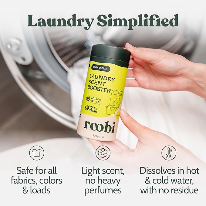 Roobi Sustainable Laundry Scent Booster Beads. Linen Breeze Fragrance Laundry Beads. Up to 20 Washing Cycles. Carbon Neutral, 100% Vegan.