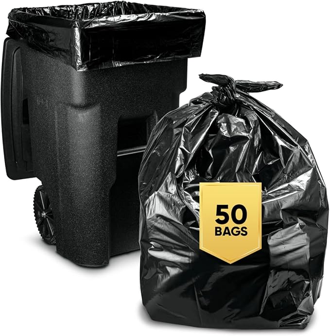 Veska 65 Gallon Trash Bags for Toter, (Value-Pack 50 Count w/Ties) Extra Large 64 Gallon Heavy Duty, 60 Gal Trash Bags Outdoor Garbage Can Liner for CustodiansExtra Large Garbage Bag 70 Gallon