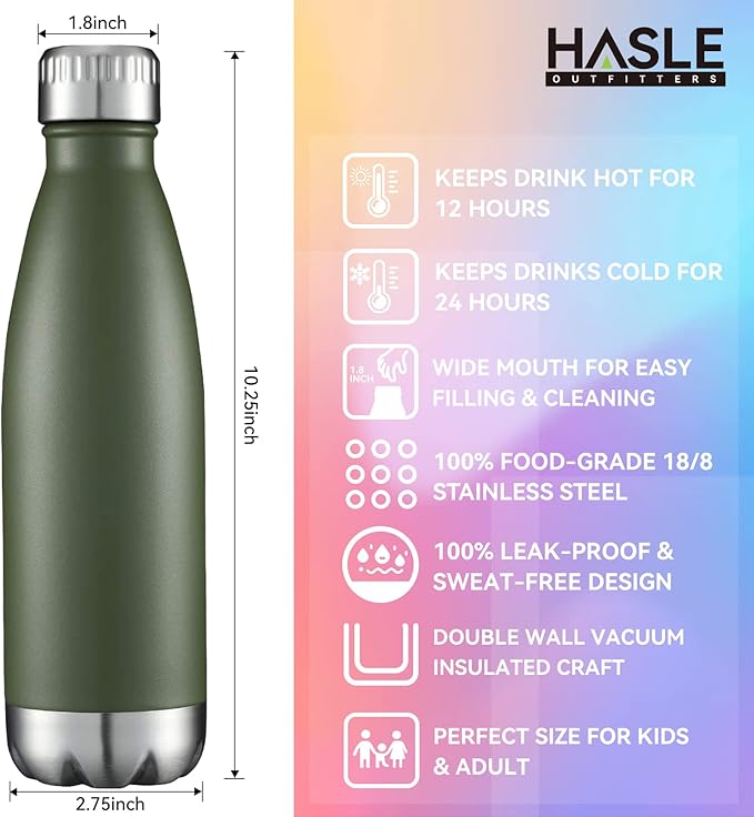 HASLE OUTFITTERS 17oz Stainless Steel Water Bottles Bulk, Vacuum Insulated Water Bottles Double Walled Powder Coated Reusable Metal Sports Water Bottles Keep Drinks Hot and Cold, ArmyGreen, 4Packs