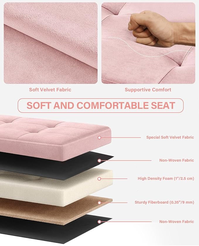Folding Storage Ottoman, Velvet Storage Bench, Footrest, Removable Divider, for Living Room, Bedroom, 15 x 43 x 15 Inches, 660 lb Load Capacity, Jelly Pink UASND02P