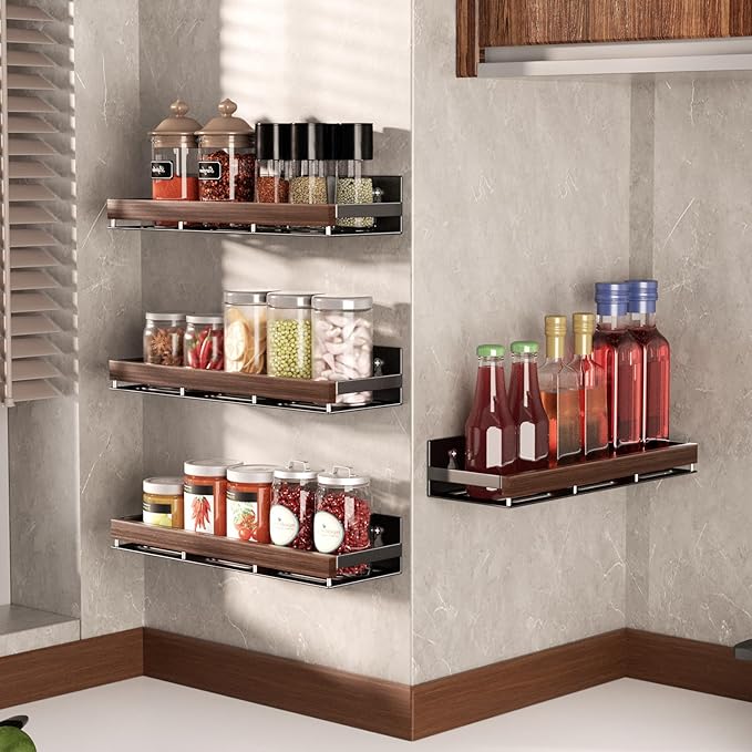 Walnut Magnetic Spice organizer for Refrigerator Wall Mount Spice Rack Magnetic Fridge Shelf Spice Jar Seasoning Organizer (4 PSC)