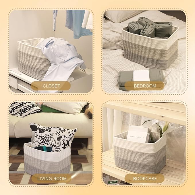 Hopegiver Woven Storage Baskets 15x11x10 Inch, 3 Pack Collapsible Cube Storage Bin for Shelves - Foldable Cotton Rope Organizer Bins for Towels, Toys, Books, Closet, Nursery (White Light-Gray Gray)