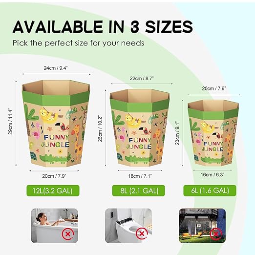 6-Pack Cardboard Trash Can – Foldable, Recyclable, Plastic-Free & Reusable Small Waste Paper Basket for Kids - Garbage Bin Perfect for Bedrooms, Playrooms, Children's Room & Outdoor (1.6 Gallon)